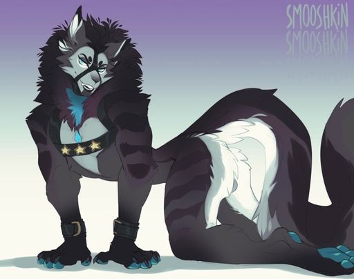 5_fingers all_fours anthro balls black_body black_fur blue_eyes digital_media_(artwork) fingers fur genitals gradient_background hair harness male multi_ear open_mouth pawpads paws simple_background smooshkin solo teeth white_body white_fur // 1280x1010 // 133KB