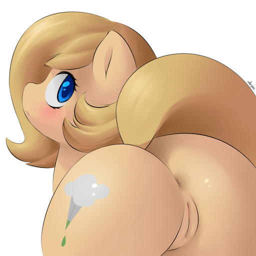 1:1 absurd_res anus backy_(mlp) blue_eyes blush brown_hair butt cutie_mark digital_media_(artwork) earth_pony equid equine fan_character female feral genitals hair hi_res horse looking_at_viewer looking_back mammal marblesoda pony pussy raised_tail rear_view shaded simple_background solo white_background // 3000x3000 // 2.0MB