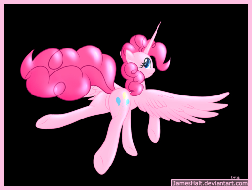 2013 absurd_res alpha_channel alternate_species blue_eyes border butt cutie_mark english_text equid equine feathered_wings feathers female feral flying hair hi_res horn horse jameshalt looking_at_viewer looking_back mammal pink_body pink_border pink_hair pinkie_pie_(mlp) simple_background smile solo text transparent_background winged_unicorn wings // 6200x4700 // 3.0MB