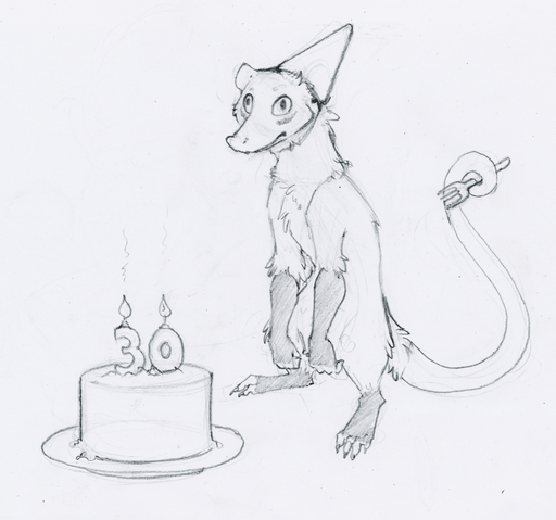 2018 4_toes ambiguous_gender birthday cake candle clothing cutlery dessert didelphid feet food fork hat headgear headwear kitchen_utensils mammal marsupial number party_hat ruaidri semi-anthro simple_background sketch solo tail_hold toes tools virginia_opossum white_background // 983x920 // 1.0MB