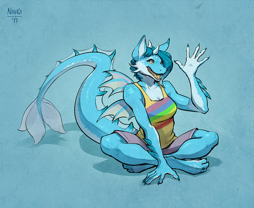 2017 4_toes 5_fingers anthro aquatic_dragon biped blue_background blue_body blue_eyes blue_hair blue_scales bottomwear breasts claws cleavage clothed clothing countershading crossed_legs digital_media_(artwork) digitigrade dragon feet female fin fingers frill_(anatomy) full-length_portrait gesture hair happy horn long_tail looking_at_viewer lotus_pose marine membrane_(anatomy) membranous_frill nawka non-mammal_breasts portrait rainbow scales scalie sharp_teeth shirt shorts signature simple_background sitting smile solo tail_fin tank_top teeth thick_tail toe_claws toes topwear waving // 1320x1080 // 2.3MB
