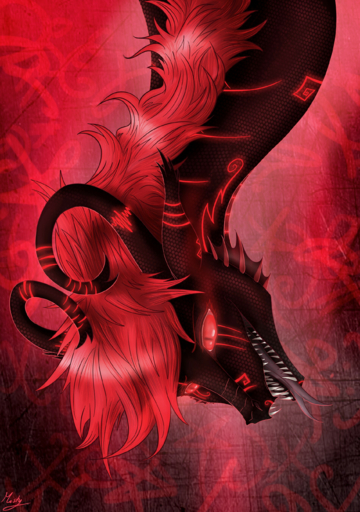 2018 absurd_res ambiguous_gender black_body black_scales digital_media_(artwork) dragon feral hair hi_res horn mistyrdis open_mouth red_eyes red_hair scales sharp_teeth simple_background solo teeth tongue // 1900x2700 // 6.0MB