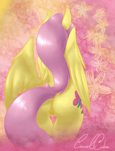 abstract_background anthro anthrofied avante92 butt carmelpony cutie_mark equid equine feathered_wings feathers female flower fluttershy_(mlp) genitals hair hi_res horse long_hair mammal nude pegasus pink_hair plant pussy rear_view simple_background solo wings yellow_body yellow_feathers // 1453x1903 // 3.2MB