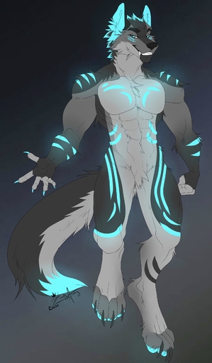 5_fingers abs absurd_res anthro biceps bioluminescence blue_markings canid canine canis claws featureless_crotch fingers fur glowing grey_body grey_fur hair hazakyaracely hi_res looking_at_viewer male mammal markings matt_wolf multicolored_body multicolored_fur muscular muscular_anthro muscular_male pecs sharp_teeth simple_background solo teeth wings29 wolf // 1875x3209 // 654.7KB