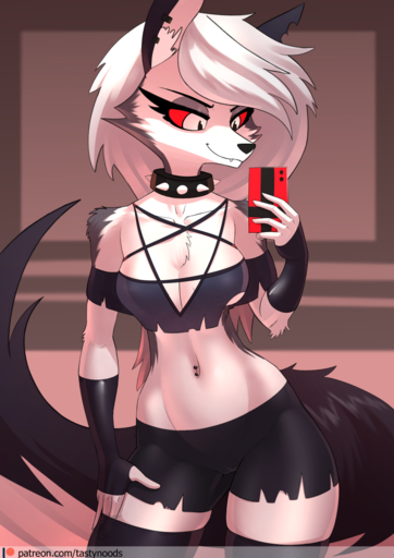 2020 5_fingers anthro black_nose breasts canid canid_demon chrysalisdraws cleavage clothed clothing collar demon digital_media_(artwork) ear_piercing ear_ring fangs female fingers hair hellhound helluva_boss hi_res holding_object holding_phone inner_ear_fluff loona_(vivzmind) mammal navel navel_piercing notched_ear phone piercing red_sclera solo spiked_collar spikes text tuft under_boob url white_hair // 848x1200 // 677.9KB