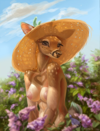 2021 akineza anthro areola breasts brown_body brown_fur cervid clothing cloud detailed_background female flower fur hat hat_only headgear headgear_only headwear headwear_only hi_res mammal mostly_nude nipples outside plant sky solo // 979x1280 // 1.2MB