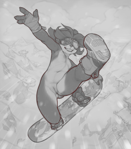 anthro blizzard_entertainment boots boots_only breasts casual_nudity cleft_of_venus clothing cub eyewear female footwear footwear_only fur genitals goggles greyscale grin hair hand_wraps hi_res li_li_stormstout loli looking_at_viewer mammal monochrome mostly_nude navel nipples outside pandaren pussy simple_background small_breasts smile snowboard snowboarding snowskau solo ursid video_games warcraft wraps young // 1121x1280 // 704.4KB