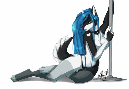 2014 anthro blue_hair breasts canid canine canis clothed clothing domestic_dog female hair husky jasminda legwear long_hair mammal nipples nordic_sled_dog panties pole simple_background solo spitz stockings thong topless underwear vexstacy white_background // 1280x881 // 103.9KB
