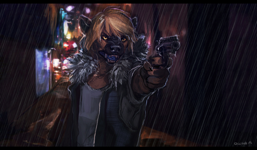 2015 5_fingers angry anthro biped black_nose blue_tongue brown_body brown_fur brown_hair city clothed clothing conditional_dnp dark detailed_background digital_media_(artwork) digital_painting_(artwork) fingers front_view fur gun hair handgun holding_gun holding_object holding_weapon hyaenid jacket letterbox lights male mammal night oouna outside raining ranged_weapon revolver signature snarling solo spotted_hyena standing teeth tongue topwear truentyena weapon yellow_eyes // 1229x720 // 566.3KB