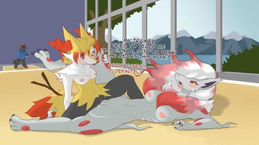 absurd_res anthro areola being_watched black_body black_fur blonde_hair blush bodily_fluids braixen breast_size_difference breasts canid canine canis chest_tuft collaboration daughter dialogue duo female femalefemale fur generation_6_pokemon genital_fluids genitals grey_body grey_fur hair hi_res highlights_(coloring) hisuian_form hisuian_zoroark incest_(lore) katanakat leg_over_shoulder looking_at_another mammal medium_breasts mother mother_and_child mother_and_daughter nipples nude parent parent_and_child parent_and_daughter pink_areola pink_nipples pokeball pokemon_(species) public public_sex pussy pussy_juice red_body red_eyes red_fur red_hair red_highlights regional_form_(pokemon) sex shaded small_breasts stick storm_(artist) text tongue tongue_out tribadism tuft vaginal video_games white_body white_fur white_hair wolf yellow_body yellow_fur yellow_sclera // 3826x2155 // 3.3MB