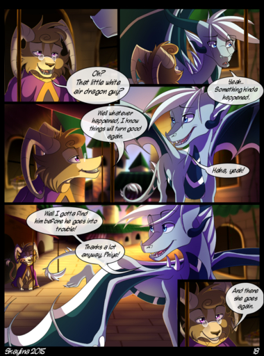 2015 blue_eyes comic day dragon english_text eyewear feral glasses hair hi_res horn membrane_(anatomy) membranous_wings outside scalie skaydie smile standing teeth text western_dragon white_hair wings // 940x1265 // 1.2MB