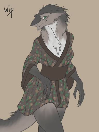 2020 3:4 anthro clothed clothing digital_media_(artwork) ezcett female fur green_eyes grey_body grey_fur hi_res sergal smile solo standing // 960x1280 // 104KB