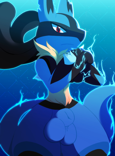 2020 absurd_res animal_genitalia anthro balls blue_body blue_fur canid canine canis digital_media_(artwork) fully_sheathed fur gaiki genitals hi_res looking_at_viewer lucario male mammal nintendo nude pokemon pokemon_(species) red_eyes sheath simple_background solo video_games // 4160x5640 // 5.4MB