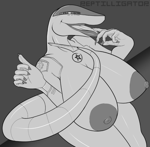 absurd_res anthro big_breasts breasts drone female finger_to_mouth hi_res lips living_machine machine monochrome nipples reptilligator seductive solo thick_lips wide_hips // 2904x2845 // 1.1MB