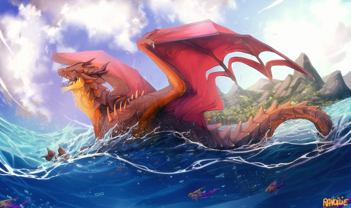 2019 claws day detailed_background digital_media_(artwork) dragon feral hi_res horn membrane_(anatomy) membranous_wings open_mouth outside partially_submerged ravoilie scalie sky solo teeth tongue water western_dragon wings // 1600x950 // 2.7MB