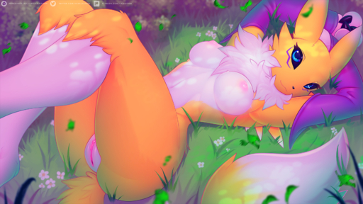 16:9 2020 anthro breasts canid claws digimon digimon_(species) digital_media_(artwork) female flower fur genitals grass hi_res lying mammal nipples on_back plant pussy renamon shaded solo text url valkoinen widescreen yellow_body yellow_fur // 1920x1080 // 2.0MB