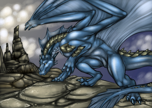 blue_body claws cloud conditional_dnp digitigrade dragon feral hindpaw horn looking_at_viewer male membrane_(anatomy) membranous_wings nude outside paws rock scalie sky solo teeth tojo_the_thief western_dragon wings yellow_eyes // 1080x768 // 1.0MB