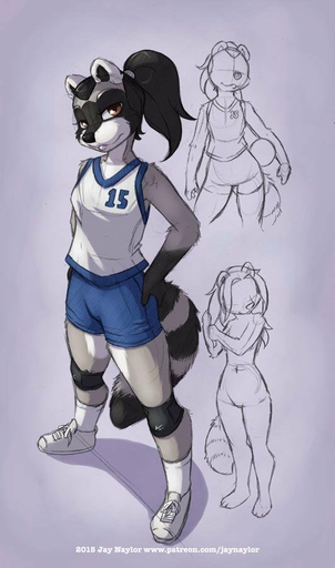 2015 anthro biped black_hair black_nose bottomwear brooke_reed brown_eyes clothed clothing conditional_dnp female footwear fur grey_body grey_fur guide_lines hair jay_naylor knee_pads legwear mammal ponytail procyonid raccoon shoes shorts sketch socks solo standing text url // 532x902 // 59.0KB