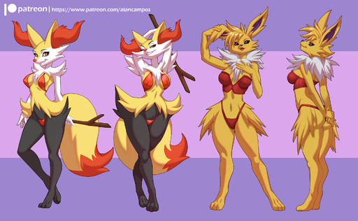 3_toes 5_fingers alanscampos alternate_version_at_source anthro anthrofied arms_above_head barefoot bikini black_body black_fur black_nose black_sclera bra braixen breasts butt cheek_tuft chest_tuft clothing digitigrade duo eeveelution eyelashes facial_tuft feet female fingers fur hands_behind_back hi_res inner_ear_fluff jolteon looking_at_viewer looking_back multiple_images navel nipple_outline one_eye_closed open_mouth orange_eyes orange_nose panties pinup pokemon_(species) pokemorph pose purple_eyes side_boob simple_background smile standing stick swimwear teeth text toes tongue tuft underwear url video_games white_body white_fur wink yellow_body yellow_fur // 2000x1234 // 878.7KB