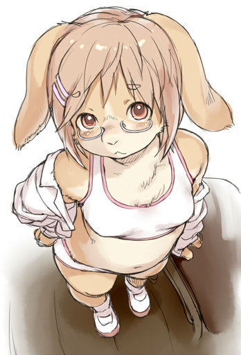 anthro blush breasts clothed clothing cub eyewear female glasses grumpy hair kemono kikurage lagomorph leporid looking_at_viewer mammal rabbit red_eyes simple_background skimpy small_breasts solo standing underwear young // 566x832 // 139.2KB
