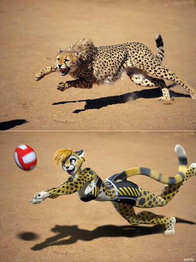 3d_(artwork) anthro ball barefoot better_version_at_source cheetah clothed clothing comparison digital_media_(artwork) ear_tag feet felid feline female feral hi_res mammal mirall multiple_forms photo plantigrade solo sport toes volleyball_(ball) zorryn // 958x1280 // 291.5KB