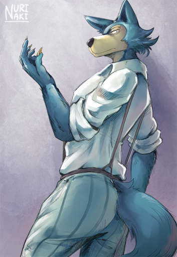 anthro butt canid canine canis clothed clothing fur legoshi_(beastars) looking_at_viewer male mammal nurinaki simple_background solo standing suspenders wolf // 759x1100 // 1.3MB