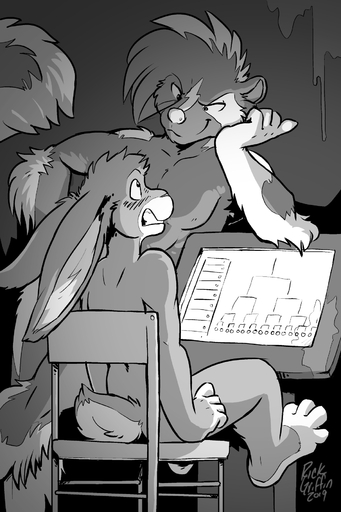 2019 2:3 anthro blush chair duo furniture greyscale hair hi_res lagomorph leporid looking_at_another male mammal mephitid monitor monochrome nude paris_(pit_fighters) porte_(pit_fighters) rabbit rick_griffin skunk smile spotted_skunk teeth // 1200x1800 // 597.7KB
