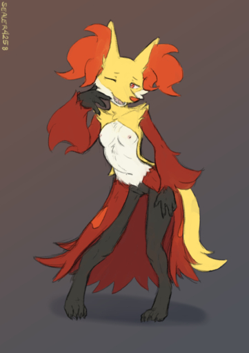 2022 4_fingers 4_toes absurd_res anthro arm_tuft artist_name black_body black_fur breasts claws delphox digital_media_(artwork) facial_tuft feet female fingers fur genitals hand_on_leg hand_on_own_leg hi_res inner_ear_fluff looking_at_viewer multicolored_body multicolored_fur nipples one_eye_closed open_mouth open_smile pink_nipples pokemon_(species) pose pseudo_clothing pussy red_body red_eyes red_fur red_nose sealer4258 simple_background smile solo standing teeth toe_claws toes tongue tuft video_games white_body white_fur yellow_body yellow_fur // 1748x2480 // 1.5MB