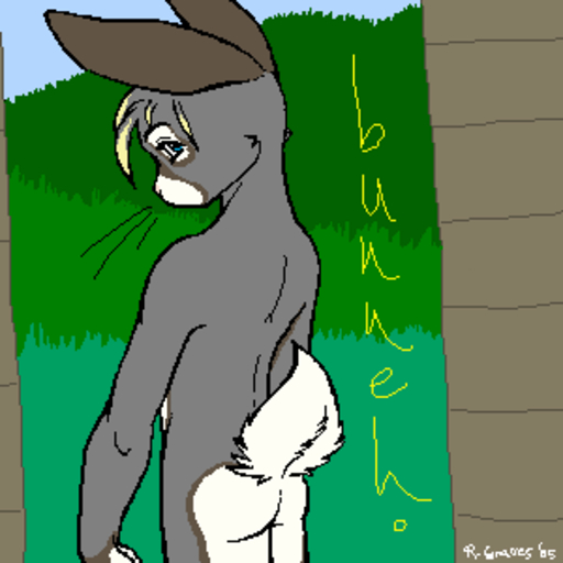 1:1 2005 anthro biped blonde_hair brown_body brown_fur butt digital_media_(artwork) fluffy fluffy_tail fur grass grey_body grey_fur grey_hair hair lagomorph leporid long_ears looking_at_viewer looking_back low_res male mammal multicolored_body multicolored_fur multicolored_hair nude oekaki outside plant rabbit short_tail signature sky sneakerfox solo standing tan_body tan_fur two_tone_hair whiskers // 300x300 // 5.4KB