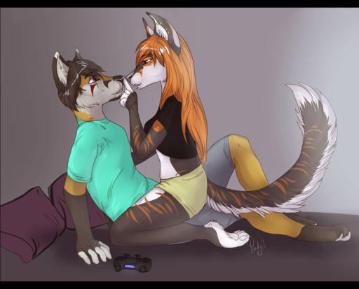 5_fingers anthro anthro_on_anthro black_hair canid canine clothed clothing digital_media_(artwork) duo ear_piercing facial_piercing female fingers hair lip_piercing male malefemale mammal orange_hair padjetxharrington piercing pink_eyes sitting straddling // 1178x950 // 785KB