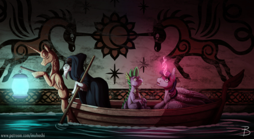2019 boat dragon equid equine friendship_is_magic glowing group hasbro hi_res horn horse inuhoshi-to-darkpen lantern mammal my_little_pony river spike_(mlp) text twilight_sparkle_(mlp) url vehicle water watercraft winged_unicorn wings // 2771x1514 // 5.6MB