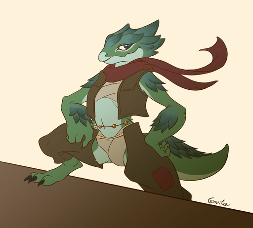 anthro bandage bottomwear chaps clothing digital_media_(artwork) female front_view goolee green_body green_eyes green_scales hi_res kobold leg_on_table looking_at_viewer ramirez_(w4g4) reptile scales scalie scarf simple_background solo standing topwear vest // 1550x1400 // 122.7KB