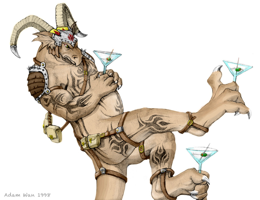 1998 5_fingers 5_toes alcohol anthro armor beverage brown_body butt claws cocktail digital_media_(artwork) digitigrade dragon feet fingers green_eyes harness headgear helmet holding_glass holding_object horn male martini olive_(disambiguation) scalie solo tattoo thick_tail toes zaush // 1100x847 // 229.9KB