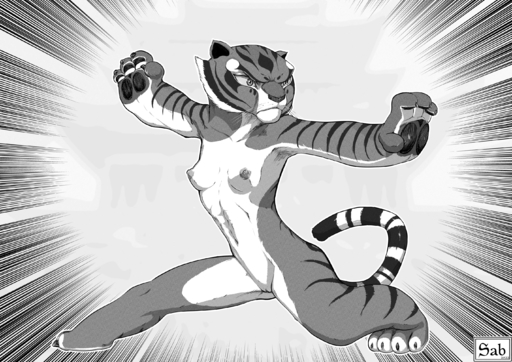anthro breasts felid female genitals hi_res mammal master_tigress monochrome muscular muscular_female nipples nude pantherine pussy sabrotiger small_breasts solo tiger // 2832x2000 // 4.7MB