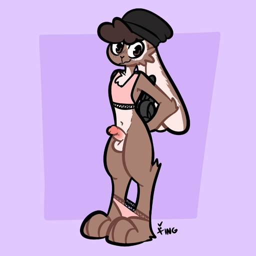1:1 absurd_res anthro balls beanie beanie_hat bedroom_eyes blush blush_lines bottomless bottomless_anthro bottomless_male brown_body brown_fur cheek_tuft chest_tuft clothed clothing crop_top curled_hair elbow_tuft erection facial_tuft fur genitals girly hair hat headgear headwear hi_res lagomorph leporid looking_at_viewer male mammal narrowed_eyes panties panties_around_ankles penis purple_background rabbit seductive shirt simple_background small_penis smile smirk smug smug_face smug_grin solo the_xing1 topwear tuft underwear // 3000x3000 // 230.0KB