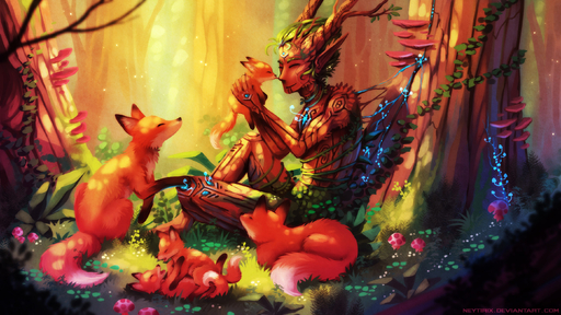 2017 canid canine day detailed_background dryad elemental_creature family feral flora_fauna fox fur grass green_hair group hair hi_res humanoid male mammal neytirix nymph orange_body orange_fur outside paws plant sitting smile tree young // 2800x1576 // 809.6KB