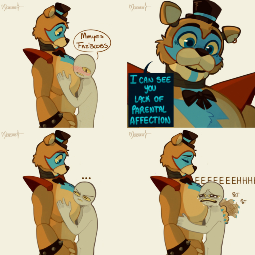 1:1 ambiguous_gender anthro bodily_fluids comforting crying duo embrace glamrock_freddy_(fnaf) hi_res hug human male mammal mercurio_unu moobs muscular muscular_male patting_back size_difference tears video_games // 2160x2160 // 2.8MB