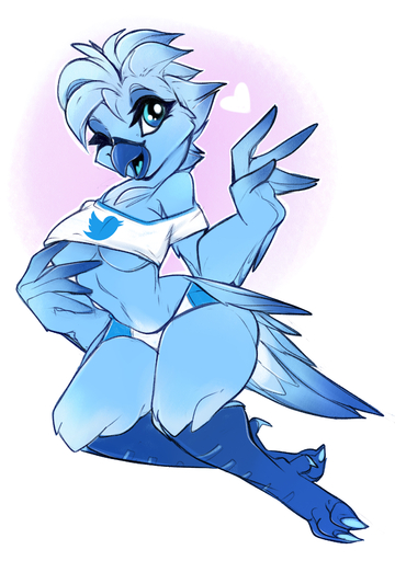 2019 <3 absurd_res anthro avian bird bird_feet bird_legs blue_body blue_eyes blue_feathers breasts clothed clothing feathers female hi_res looking_at_viewer meme non-mammal_breasts open_mouth shirt smile solo spirale tank_top thick_thighs topwear tweetfur under_boob wide_hips // 2374x3378 // 2.8MB