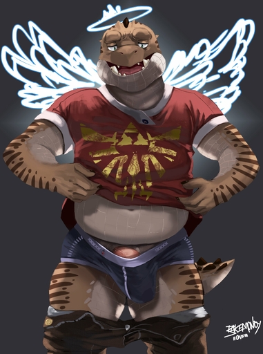 absurd_res angel anthro bakemonoy belly bottomwear bottomwear_down bulge clothed clothing clothing_lift countershading elliot_(bakemonoy) front_view gecko genitals hi_res hylian_crest lizard male pants pants_down partially_clothed penis penis_base portrait reptile scalie shirt shirt_lift slightly_chubby solo standing teeth three-quarter_portrait topwear triforce underwear video_games // 2480x3329 // 624.6KB