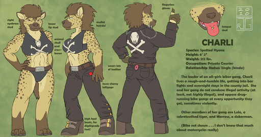 2010 anthro bottomwear bra charli_(disambiguation) clothed clothing english_text female hyaenid leather mammal model_sheet pants piercing rick_griffin side_view solo spotted_hyena text tongue tongue_piercing underwear // 1143x603 // 189.4KB