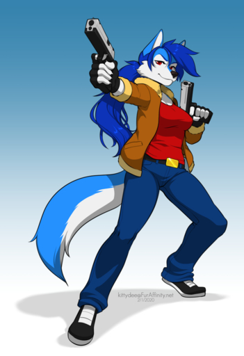 2020 5_fingers anthro black_nose canid canine canis clothing digital_media_(artwork) domestic_dog eyebrows eyelashes female fingers footwear gun hi_res holding_gun holding_object holding_weapon husky kittydee mammal nordic_sled_dog ranged_weapon red_eyes shoes solo spitz weapon // 877x1280 // 319.2KB