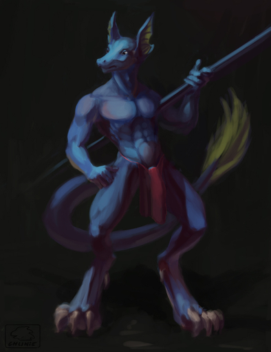 2016 abs anthro biceps big_claws big_ears biped bottomwear bulge chunie claws clothed clothing dewclaw digital_media_(artwork) digitigrade dragon genitals hi_res holding_object humanoid_genitalia humanoid_penis loincloth long_tail male muscular muscular_anthro muscular_male pecs penis penis_base scales scalie simple_background solo standing toe_claws topless // 984x1280 // 185.8KB