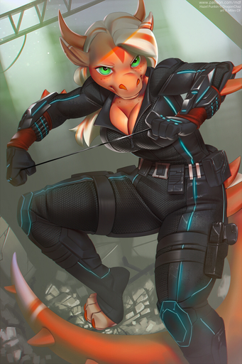 2016 anthro black_widow_(marvel) bodysuit breasts claws cleavage clothed clothing cosplay dragon female green_eyes hair hazel_punkin holding_object horn long_hair looking_at_viewer marvel miles_df multicolored_hair non-mammal_breasts scalie skinsuit solo tight_clothing toe_claws toeless_legwear two_tone_hair unzipped zipper // 666x1000 // 694.8KB