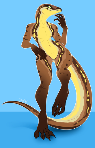 2016 anthro black_eyes blue_background brown_body brown_scales claws digital_media_(artwork) english_text featureless_crotch female fivel flat_chested green_sclera hi_res lizard nude raised_leg reptile scales scalie signature simple_background smile solo spots text toe_claws wide_hips yellow_body yellow_scales // 823x1280 // 303.8KB