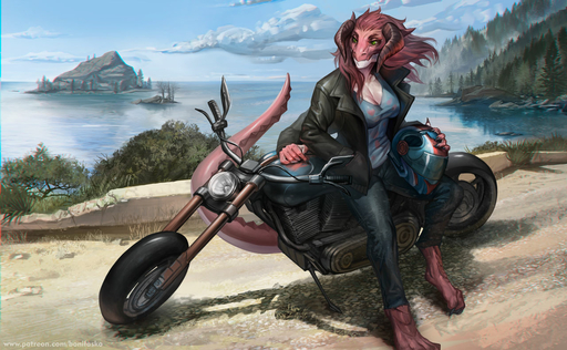 2018 4_arms 4_toes anthro barefoot biped bonifasko breasts clothed clothing day detailed_background digital_media_(artwork) dragon feet female glistening glistening_body hair kayle_(ravencrafte) landscape mammal motorcycle multi_arm multi_limb non-mammal_breasts outside red_hair scalie solo toes vehicle water // 1280x791 // 230.6KB
