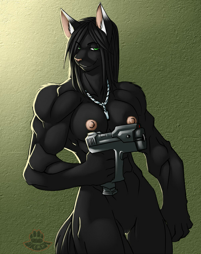 anthro biceps breasts canid canine canis faint female genitals green_eyes gun handgun jewelry mammal muscular muscular_anthro muscular_female necklace nipples nude pistol pussy ranged_weapon solo weapon wolf // 600x757 // 273.7KB