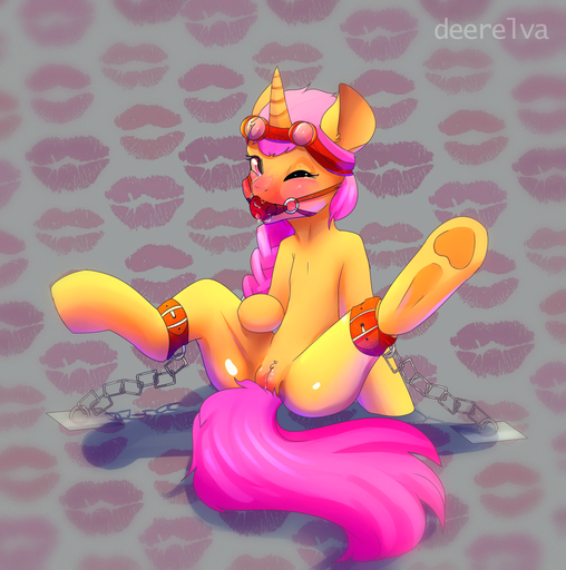 ankle_cuffs ball_gag bedroom_eyes blush bondage bound braided_ponytail chains cuffs drooling elvche equine eyewear fan_character gag goggles half-closed_eyes horn horse mammal nude oc:copper_sparks pussy saliva seductive shackles solo unicorn // 1432x1444 // 2.1MB