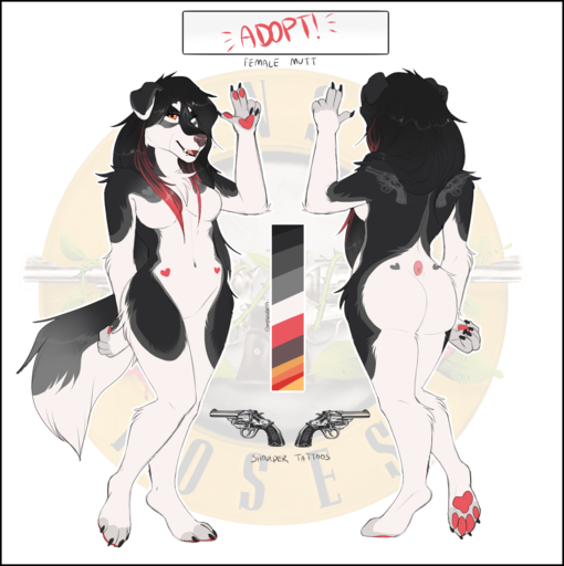anthro black_border border canid canine canis compass_(artist) domestic_dog featureless_crotch female hi_res looking_at_viewer mammal model_sheet nude smile solo tattoo // 1610x1617 // 1.2MB