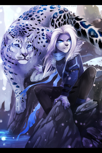 2:3 5_fingers ambiguous_gender anthro black_bars black_hair blue_eyes detailed_background digital_media_(artwork) duo felid feral fingers fur hair hi_res juliathedragoncat leopard letterbox male mammal pantherine spots spotted_body spotted_fur white_hair // 1000x1500 // 1.8MB