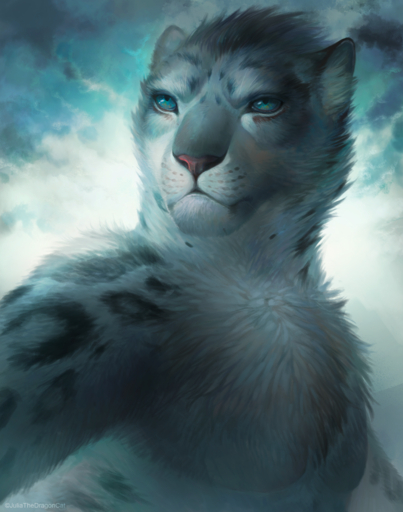 2017 absurd_res anthro blue_eyes digital_media_(artwork) felid fur grey_body grey_fur hi_res juliathedragoncat leopard male mammal pantherine solo whiskers white_body white_fur // 2600x3300 // 10MB